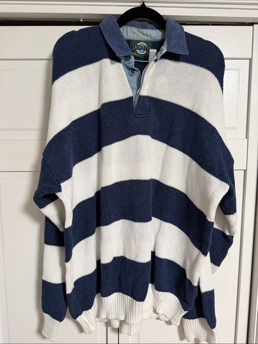 Jantzen Classic New England Preppy Navy and White Striped V‑Neck Rugby Sweater